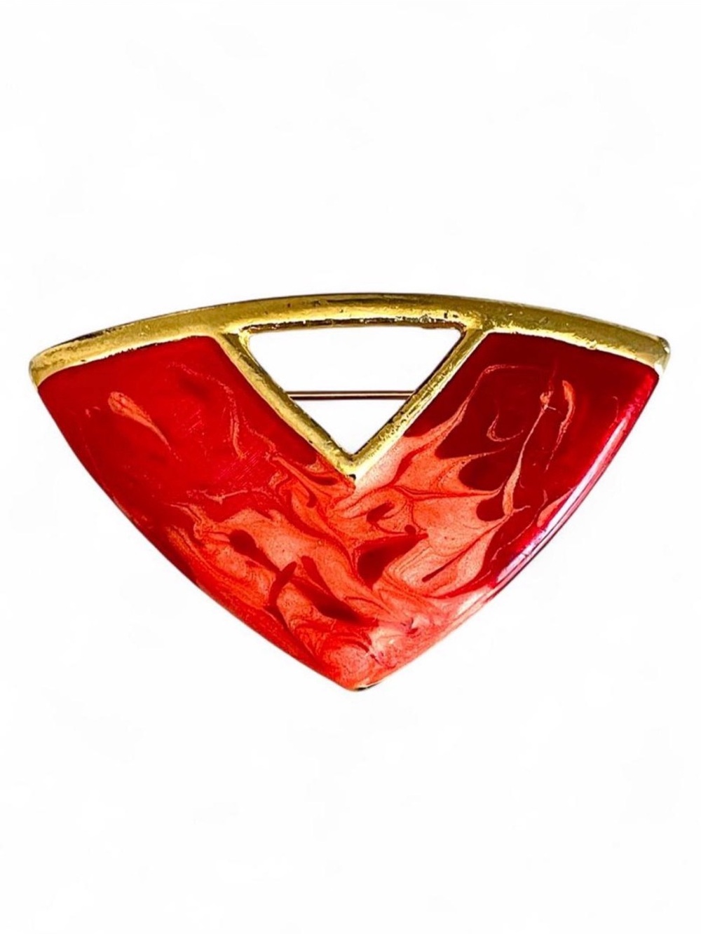 Vintage Red Triangular Marbled Resin Enamel Brooch Pin Art Deco Flame Modernist
